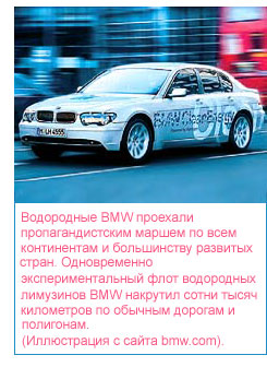 Водородные BMW проехали пропагандистским маршем по всем континентам и большинству развитых стран. Одновременно экспериментальный флот водородных лимузинов BMW накрутил сотни тысяч километров по обычным дорогам и полигонам. (Иллюстрация с сайта bmw.com).